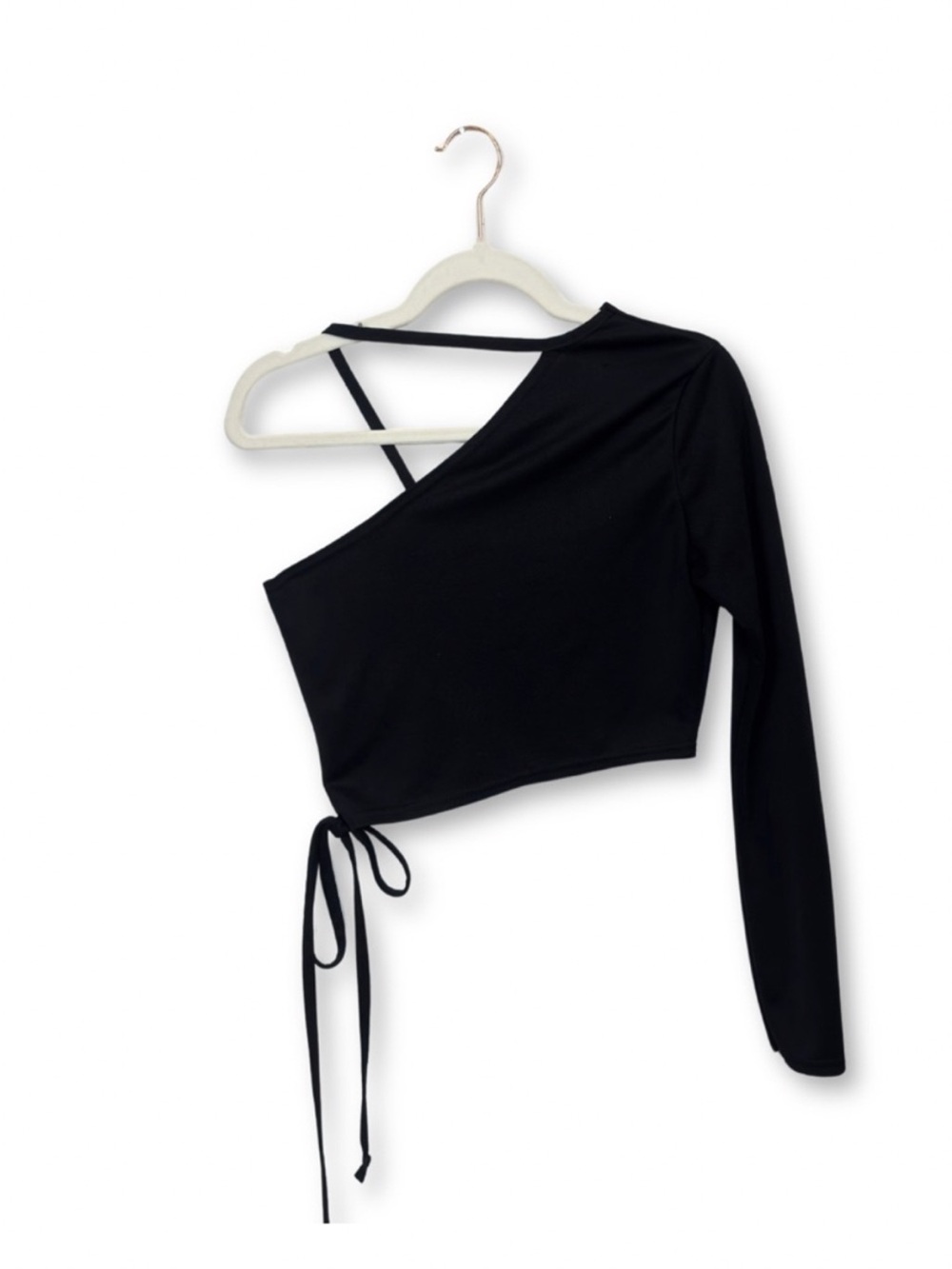 Boohoo Black One-Shoulder Tie-Waist Crop Top